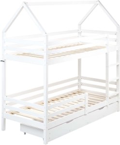 Beliani Łóżko piętrowe z szufladami Domek Drewno GIRGOLS 90 x 200 cm ze schowkiem Biały 5
