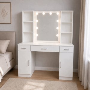 Lean Duża Toaletka Kosmetyczna z Lustrem LED Szafki Szuflady Biała 141x114x39 cm 2