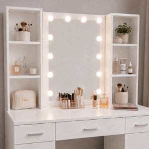 Lean Duża Toaletka Kosmetyczna z Lustrem LED Szafki Szuflady Biała 141x114x39 cm 3