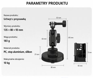 PEYTECH Uchwyt samochodowy metalowy z przyssawką do Dji Pocket 3 GoPro 3w1 (px2 pro) 3