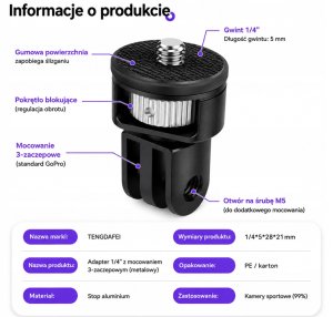 PEYTECH Adapter 1/4 Cala do GoPro Insta360 DJI przejściówka metal śruba mocowanie (PMSM) 4