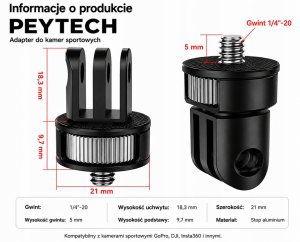 PEYTECH Adapter 1/4 Cala do GoPro Insta360 DJI przejściówka metal śruba mocowanie (PMSM) 5