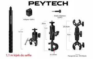PEYTECH Aluminiowy Uchwyt do GoPro DJI Insta360 Motocykl Kijek Selfie Zestaw 6w1 (ZMKSU) 2