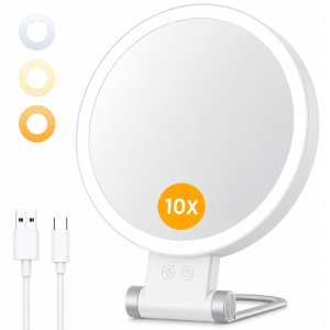 KAEM Duże podwójne lusterko kosmetyczne 1X+10X podświetlane LED do makijażu AKU 2