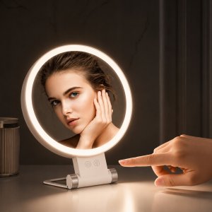 KAEM Duże podwójne lusterko kosmetyczne 1X+10X podświetlane LED do makijażu AKU 3