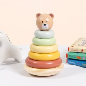 Tooky Toy Drewniana Układanka Sensoryczna Piramidka Miś Sensoryczny Kolorowy Stacker (TKF004N) 2