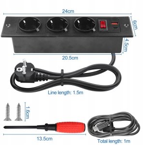 Listwa zasilająca Do zabudowy 3 gniazdka AC, 1 USB-A, 1 USB-C PD 20W czarna 2