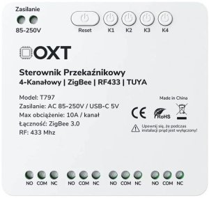 OXT Sterownik przekaźnikowy 4-kanały 10A 5V USB 230V ZigBee RF 433 TUYA 2