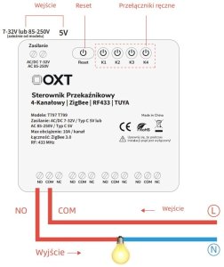 OXT Sterownik przekaźnikowy 4-kanały 10A 5V USB 230V ZigBee RF 433 TUYA 3