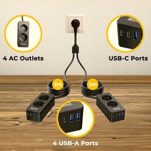 Listwa zasilająca Podwójna listwa zasilająca Przedłużacz 2x2m z AC, USB-A, USB-C, 250V 2
