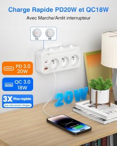 Listwa zasilająca Ścienna z 3 gniazdami, 2 USB-C i 1 USB-A z włącznikami 2