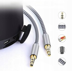 Kabel Aux audio 3.5 mm w oplocie nylonowym 2 m, męski do męskiego szary 3