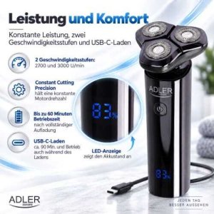 Golarka Adler Głowicowa do twarzy USB-C, 3 obrotowe głowice, golenie na sucho i mokro, wodoodporność IPX7, wyświetlacz LED, 2 prędkości 16
