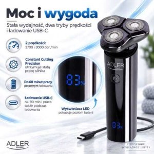 Golarka Adler Głowicowa do twarzy USB-C, 3 obrotowe głowice, golenie na sucho i mokro, wodoodporność IPX7, wyświetlacz LED, 2 prędkości 17