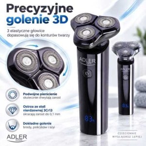 Golarka Adler Głowicowa do twarzy USB-C, 3 obrotowe głowice, golenie na sucho i mokro, wodoodporność IPX7, wyświetlacz LED, 2 prędkości 19