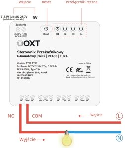 OXT Sterownik przekaźnikowy 4-Kanały 10A 5V USB 7-32V WIFI BT RF 433 TUYA 5