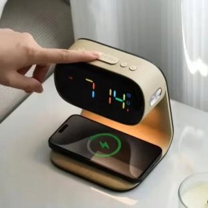 Lampka biurkowa ELECTRONICA 4U Lampka nocna LED stołowa na biurko ładowarka indukcyjna Qi 15W zegar budzik 11