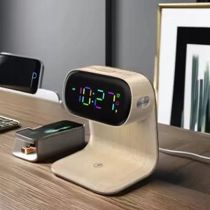 Lampka biurkowa ELECTRONICA 4U Lampka nocna LED stołowa na biurko ładowarka indukcyjna Qi 15W zegar budzik 14