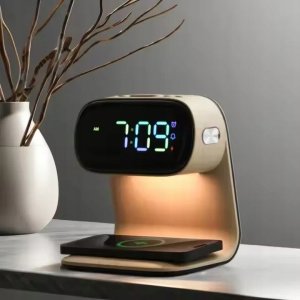 Lampka biurkowa ELECTRONICA 4U Lampka nocna LED stołowa na biurko ładowarka indukcyjna Qi 15W zegar budzik 15