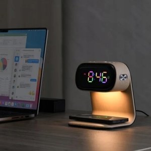 Lampka biurkowa ELECTRONICA 4U Lampka nocna LED stołowa na biurko ładowarka indukcyjna Qi 15W zegar budzik 8