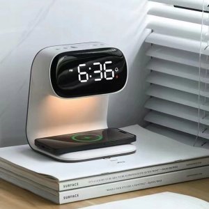 Lampka biurkowa ELECTRONICA 4U Lampka nocna LED stołowa na biurko ładowarka indukcyjna Qi 15W zegar budzik 11