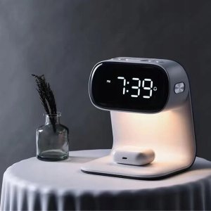 Lampka biurkowa ELECTRONICA 4U Lampka nocna LED stołowa na biurko ładowarka indukcyjna Qi 15W zegar budzik 12