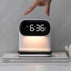 Lampka biurkowa ELECTRONICA 4U Lampka nocna LED stołowa na biurko ładowarka indukcyjna Qi 15W zegar budzik 13