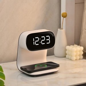 Lampka biurkowa ELECTRONICA 4U Lampka nocna LED stołowa na biurko ładowarka indukcyjna Qi 15W zegar budzik 14