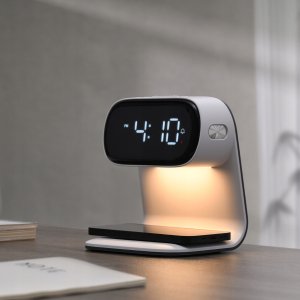 Lampka biurkowa ELECTRONICA 4U Lampka nocna LED stołowa na biurko ładowarka indukcyjna Qi 15W zegar budzik 9