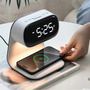 Lampka biurkowa ELECTRONICA 4U Lampka nocna LED stołowa na biurko ładowarka indukcyjna Qi 15W zegar budzik 10