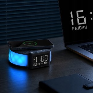 Lampa stołowa ELECTRONICA 4U Zegar budzik Lampka nocna LED stołowa ładowarka indukcyjna Qi 15W RGB 10