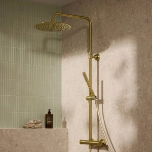 Zestaw prysznicowy momali Deszczownia premium z baterią natryskową termostatyczną KFA Moza 5736-920-39, Brushed Light Gold PVD 5