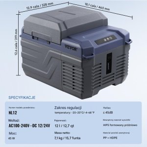 Lodówka turystyczna Vevor Lodówka turystyczna czarna 12L kompresor Bluetooth chłodzenie mrożenie 45 W 2