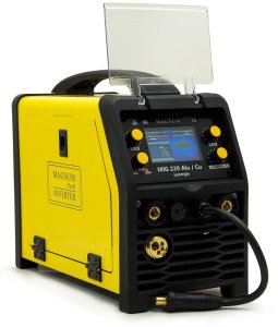 Magnum PÓŁAUTOMAT SPAWALNICZY INVERTOROWY MIG-220 ALU/CU SY​NERGIA MMA, ​230V 200A/60​%, MB15/3, M​MAR, GP50, K​PL. KABLI MM​A, WĘŻYK, D1​00/D200, MAS​KA+SZCZOTKA (22813) 2