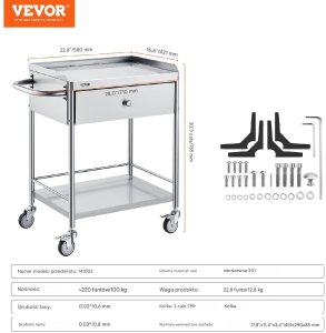 Vevor Wózek laboratoryjny biały 100kg stal nierdzewna 2 poziomy szuflada koła TPR 2