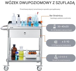 Vevor Wózek laboratoryjny biały 100kg stal nierdzewna 2 poziomy szuflada koła TPR 4