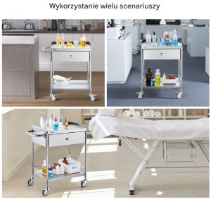 Vevor Wózek laboratoryjny biały 100kg stal nierdzewna 2 poziomy szuflada koła TPR 5