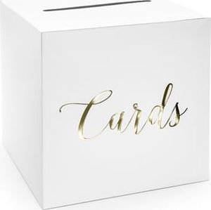 Party Deco Pudełko na koperty Cards białe ze złotym napisem, 24x24x24 cm 1