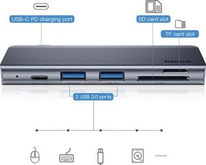 HUB USB Baseus Harmonica 5-in-1 HUB Adapter 1x SD 1x USB-C 1x microSD  + 2x USB-A 3.0 (6953156285460) 3