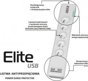Listwa zasilająca Ever Elite USB przeciwprzepięciowa 5 gniazd 1.5 m biała (T/LZ11-ELI015/0000) 3