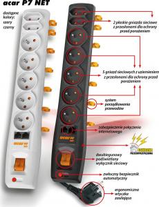 Listwa zasilająca Acar P7 Net przeciwprzepięciowa 7 gniazd 3 m czarna (W1535) 2