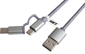 Kabel USB iGET USB-A - microUSB + USB-C 1 m Srebrny (G2V1) 1