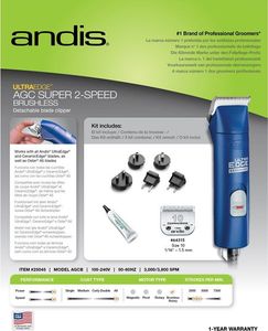 Maszynka do strzyżenia psa Andis Andis AGC Super 2 Speed Brushless - maszynka sieciowa z silnikiem bez-szczotkowym, dwubiegowa, z nożem ceramicznym 1.5 mm bordowy 11