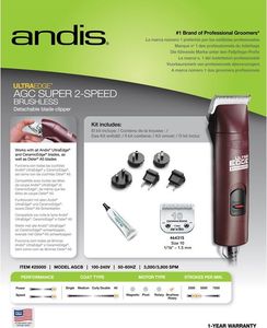 Maszynka do strzyżenia psa Andis Andis AGC Super 2 Speed Brushless - maszynka sieciowa z silnikiem bez-szczotkowym, dwubiegowa, z nożem ceramicznym 1.5 mm bordowy 6