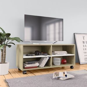 vidaXL Szafka pod TV z kółkami, biel i dąb sonoma, 90x35x35 cm 1