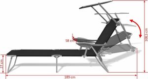 vidaXL leżak z daszkiem, stalowy, czarny (42932) 8