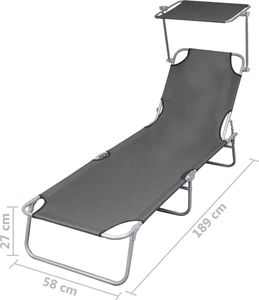 vidaXL składany leżak z daszkiem, stalowy, szary (44291) 7