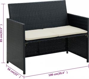 vidaXL 2-osobowa sofa ogrodowa z poduszkami, polirattan, czarna 4
