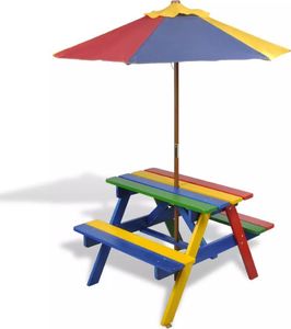 vidaXL stół dla dzieci z ławkami i parasolem, wielokolorowy, drewniany (40773) 1