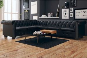 vidaXL Sofa rogowa Chesterfield sześcioosobowa czarna, sztuczna skóra 1